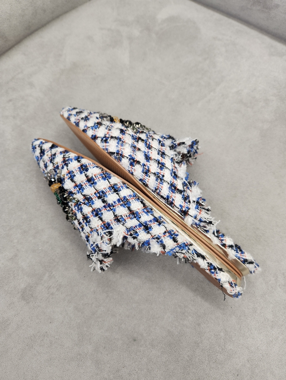 Kurt Geiger Mules 5 Blue White Tweed Plaid Olive Eye Fray Beaded Pointy New $195 - Picture 5 of 17